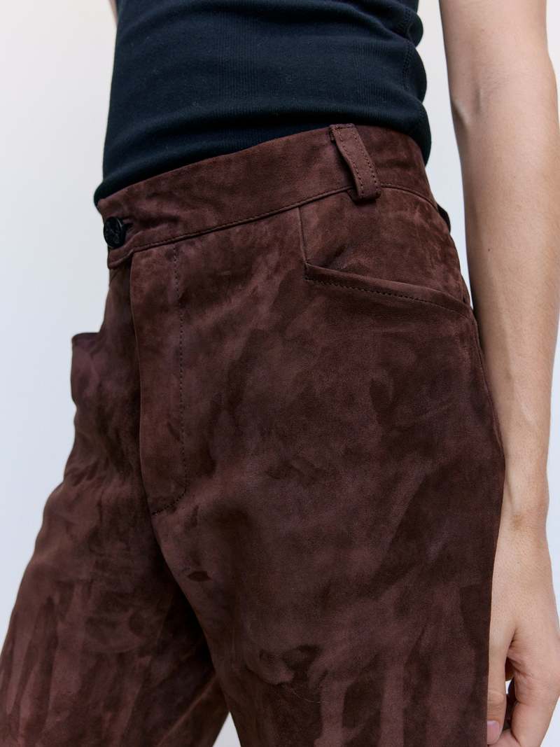 Ernest W. Baker Brown Calf Suede Leather Flare Pants - Brown