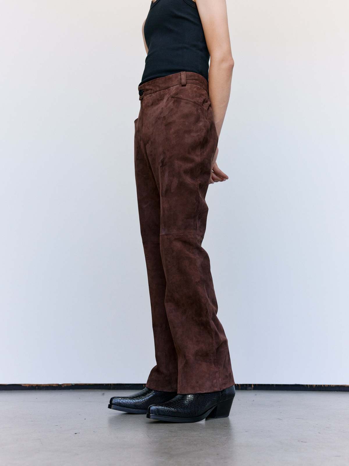 Ernest W. Baker Brown Calf Suede Leather Flare Pants - Brown - Image 5 of 9