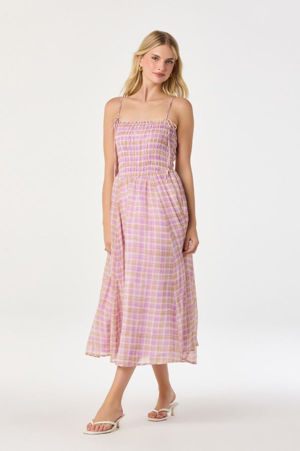 ASTR The Label Lahela Plaid Smocked Midi Dress