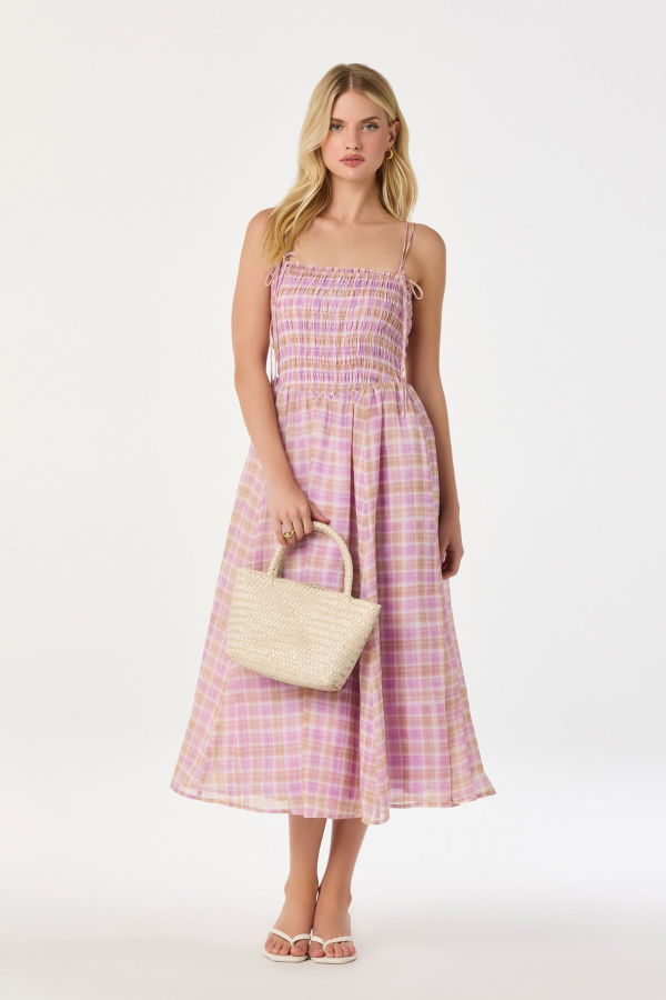 ASTR The Label Lahela Plaid Smocked Midi Dress