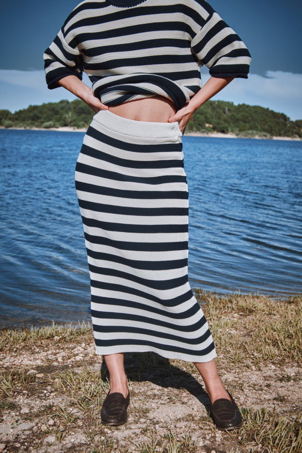 L'ENVERS Cecile Organic Cotton Straight Midi Skirt - Navy Blue/Off White Stripes