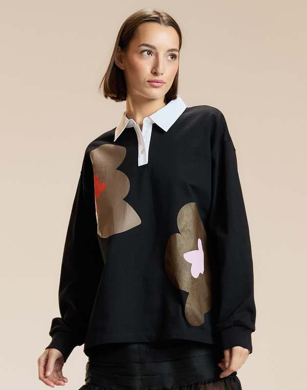 Cynthia Rowley Ardie Printed Rugby Shirt Top - Black Multi