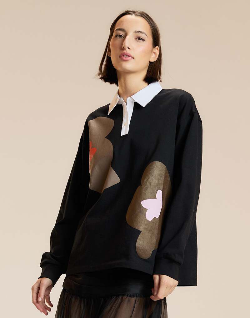 Cynthia Rowley Ardie Printed Rugby Shirt Top - Black Multi