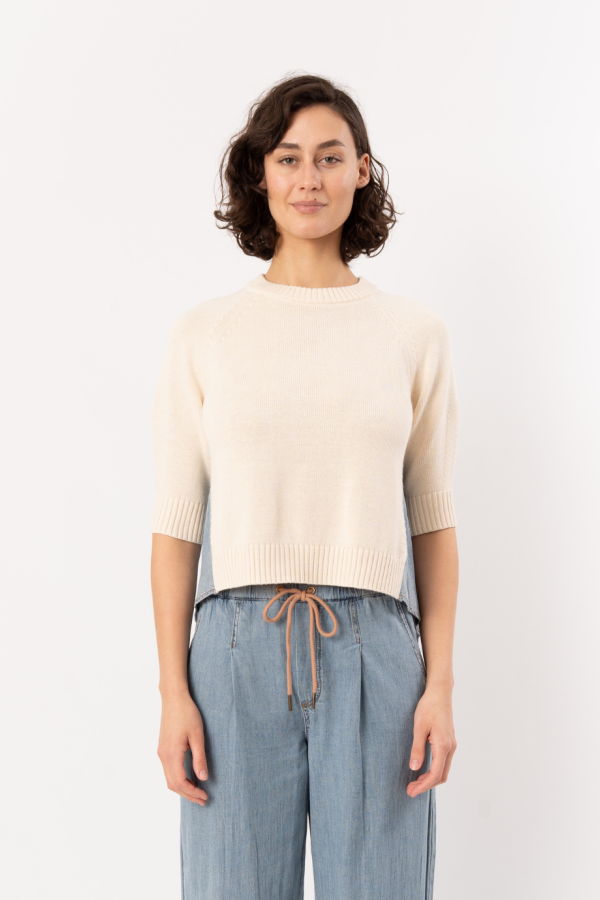 Lilla P. Denim Elbow Sleeve Sweater - Off-White
