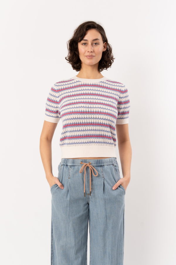 Lilla P. Novelty Stripe Crewneck Sweater - Azalea Scallop