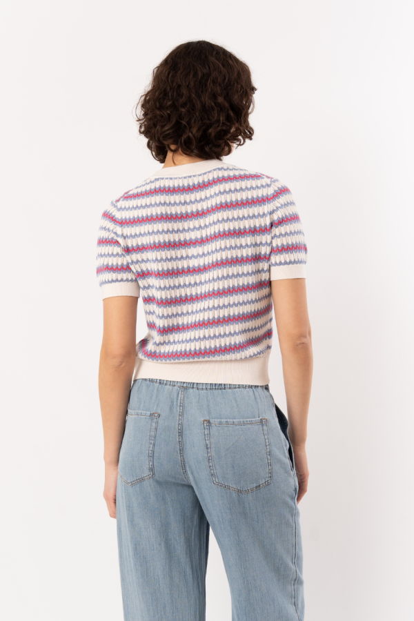 Lilla P. Novelty Stripe Crewneck Sweater - Azalea Scallop