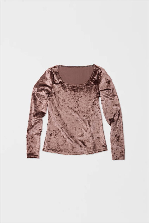 Simone Wild Crushed Velvet Basic Long Sleeve Shirt - Praline