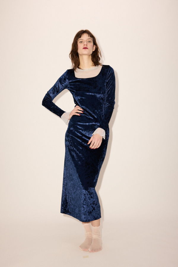 Simone Wild Crushed Velvet Long Dress - Navy