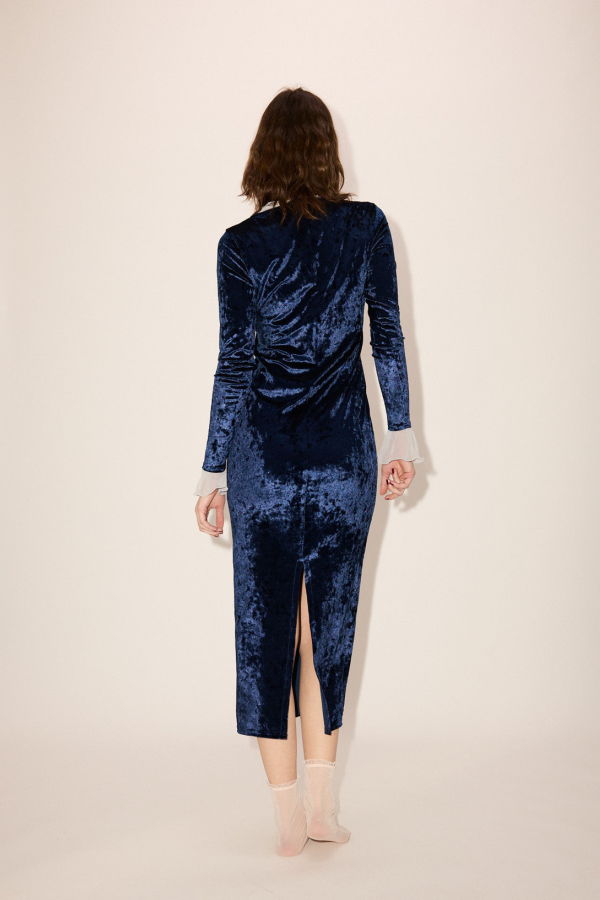 Simone Wild Crushed Velvet Long Dress - Navy