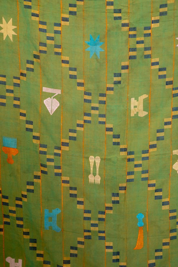 100% Silk Large Ewe Kente in Green Diamonds with Symbols Textile