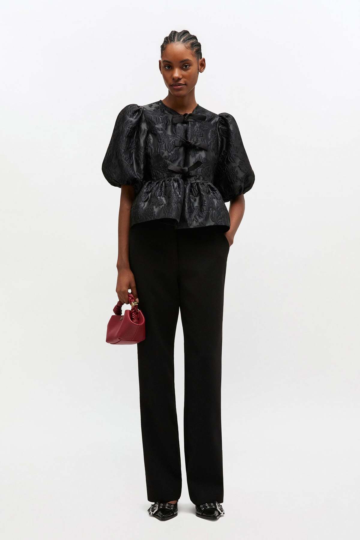 Ganni Satin Cloque Peplum Blouse - Image 2 of 4