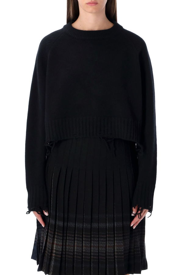 LOW CLASSIC Damaged Wool Blend Cropped Pullover Sweater - Black