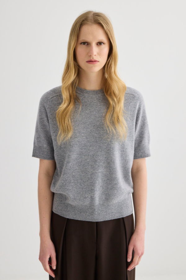 Laing Home Cashmere Short Sleeve Crew Neck Top - Grey Marle