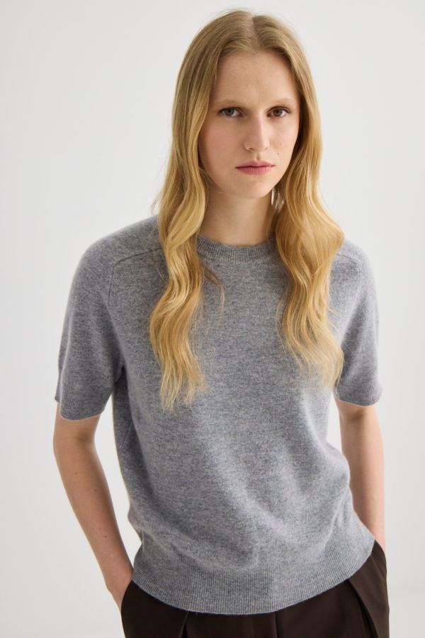 Laing Home Cashmere Short Sleeve Crew Neck Top - Grey Marle