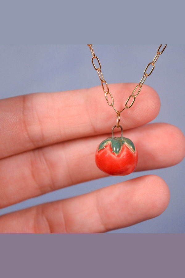 Juice Ceramics Handmade Pottery and Jewelry Tomato Ceramic Charm Pendant Necklace