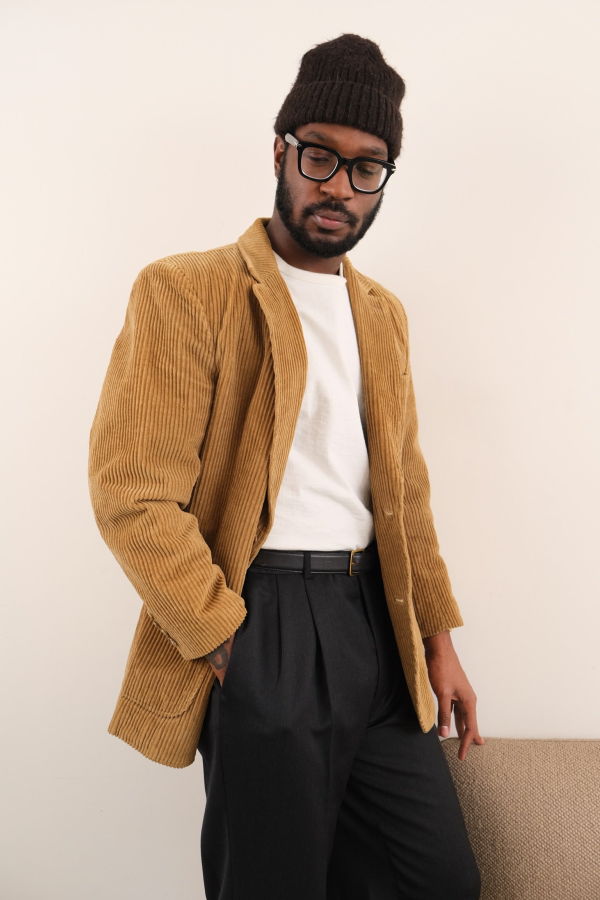 Hermine Vintage 80s Granola Cotton Corduroy Long Sleeve Button Up Blazer - Brown