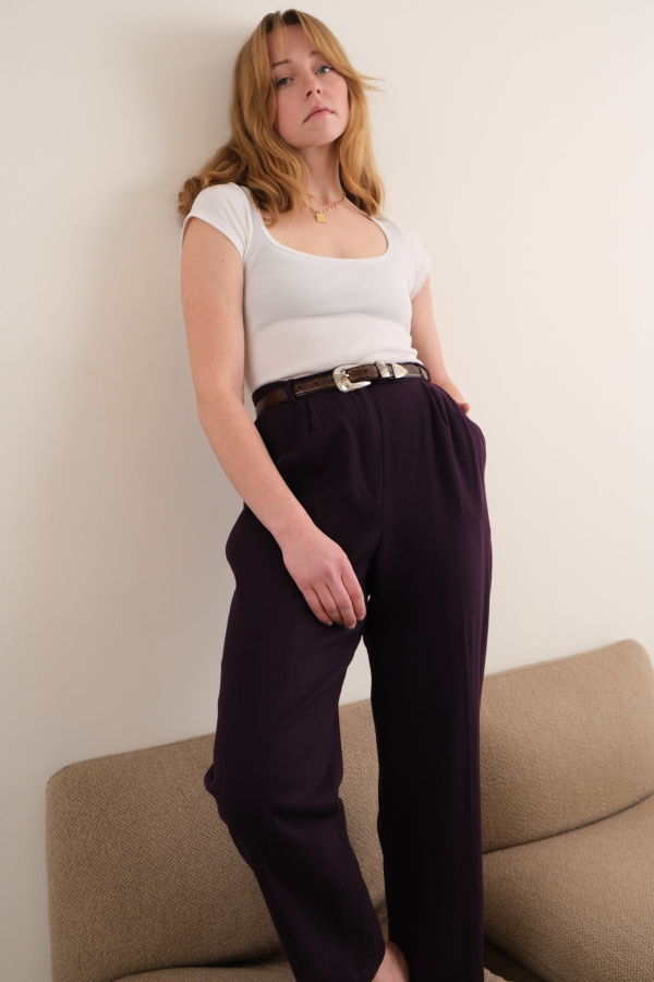Hermine Vintage 90s Aubergine Wool Pleated High Waisted Trousers - Purple