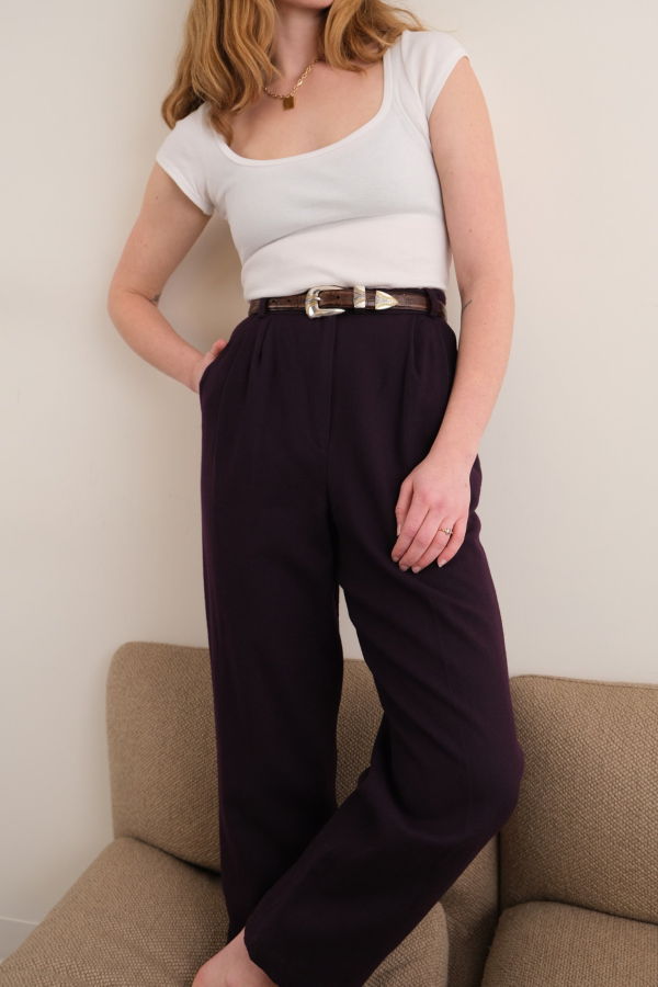 Hermine Vintage 90s Aubergine Wool Pleated High Waisted Trousers - Purple