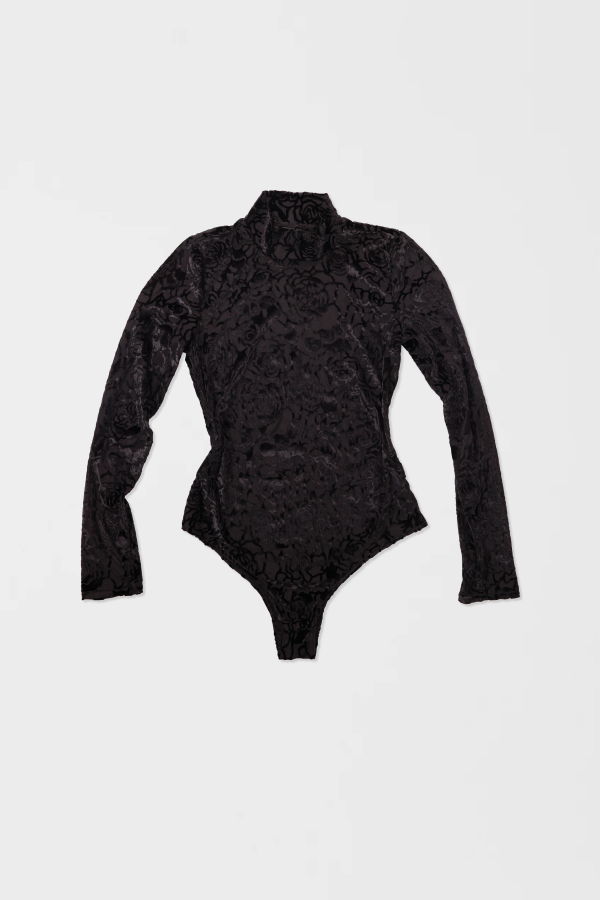 Simone Wild High Neck Bodysuit Rose Devore - Black