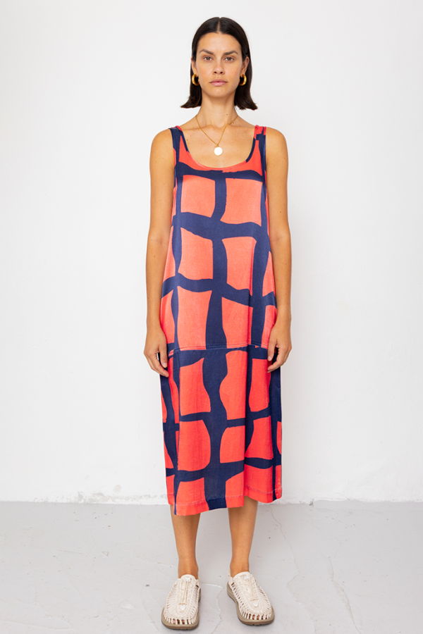 FOLK Slip Dress in Abstract Block Print Dress - Navy