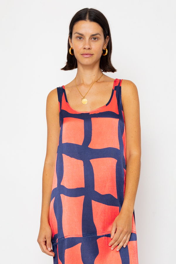 FOLK Slip Dress in Abstract Block Print Dress - Navy