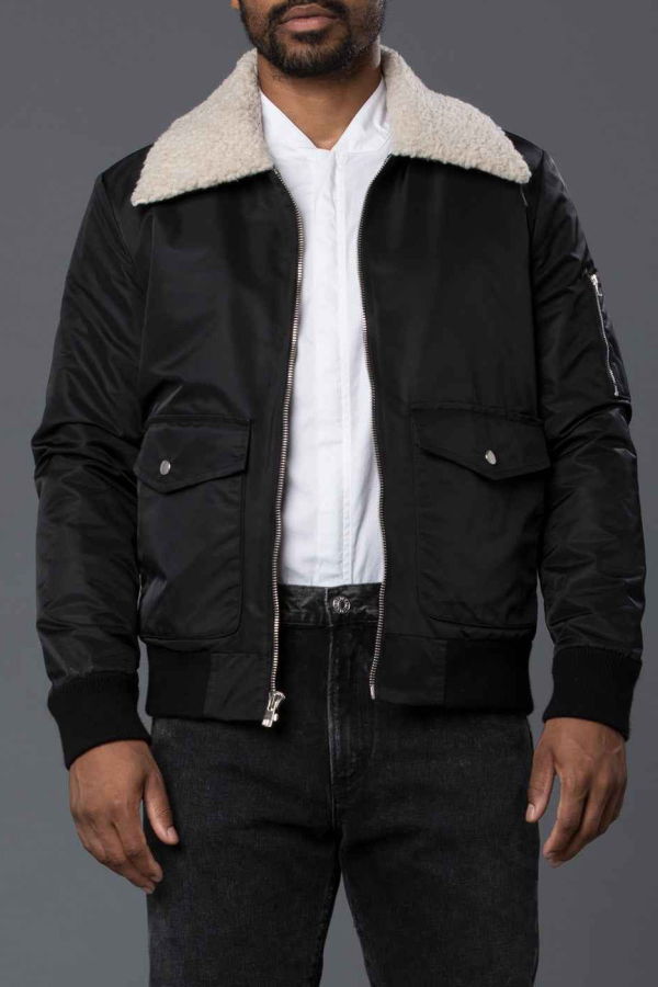 THE ENSIGN Krammer & Stoudt Sherpa Lined Aviator Bomber Jacket - Black