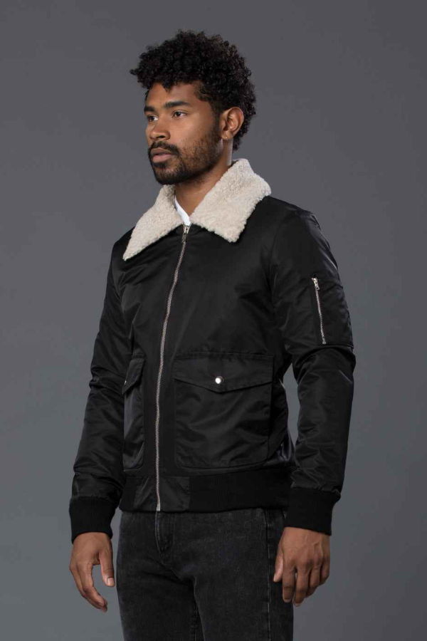 THE ENSIGN Krammer & Stoudt Sherpa Lined Aviator Bomber Jacket - Black