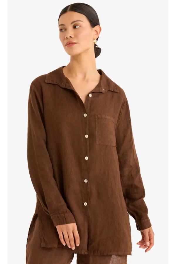 Marché Playa Linen Shirt - Cafe