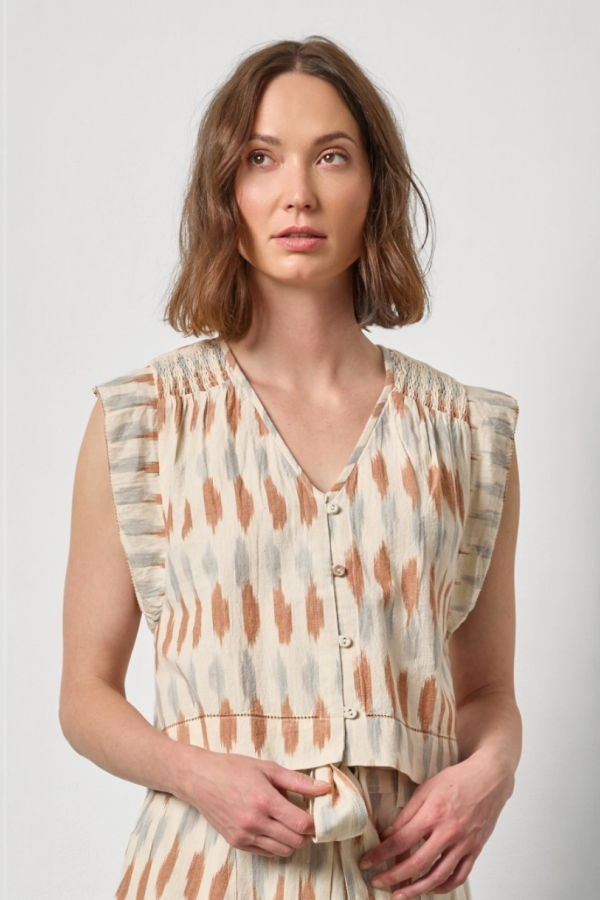 Lilla P. Ikat Shirred Shoulder Top