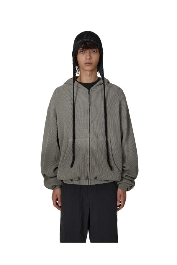 ROA Grey Bee Sun Faded Organic Waffle Zip Up Hoodie - Gray