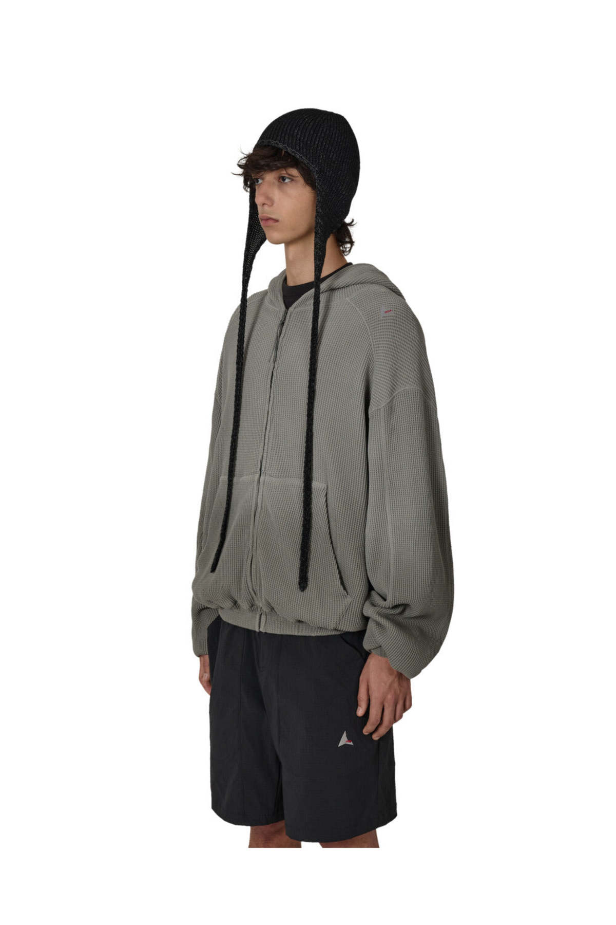 ROA Grey Bee Sun Faded Organic Waffle Zip Up Hoodie - Gray - Image 3 of 4
