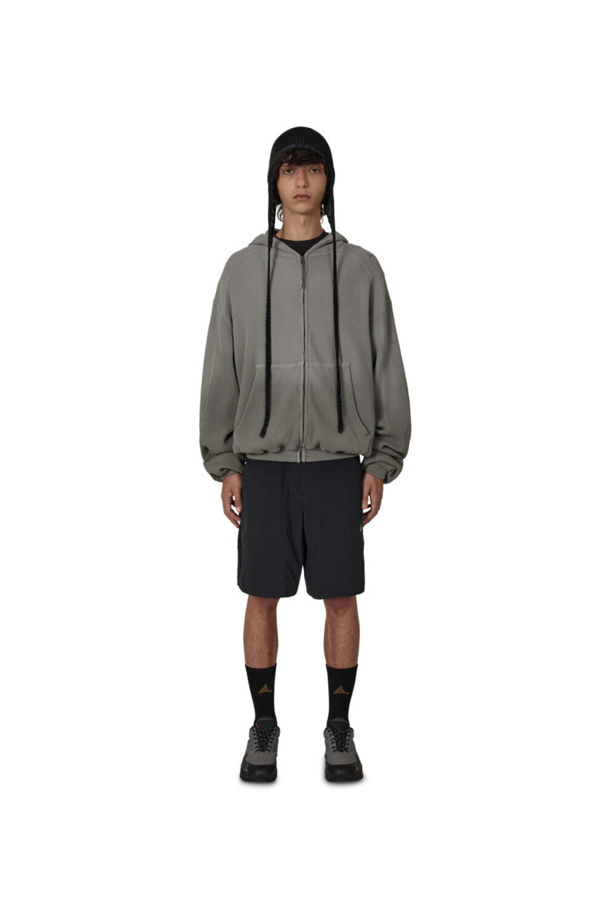 ROA Grey Bee Sun Faded Organic Waffle Zip Up Hoodie - Gray - Image 4 of 4