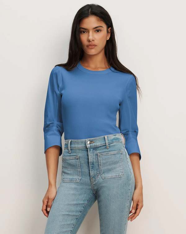 Veronica Beard Junia Mixed-Media Top - Blue Coast