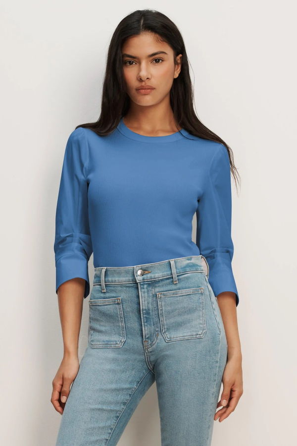 Veronica Beard Junia Mixed-Media Top - Blue Coast