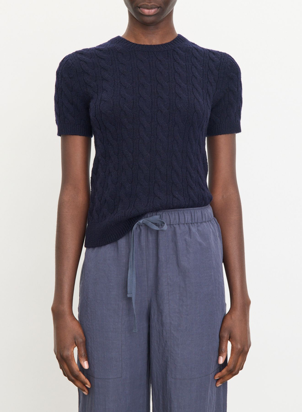 VINCE Cashmere Blend Cable Tee Sweater - Coastal Blue