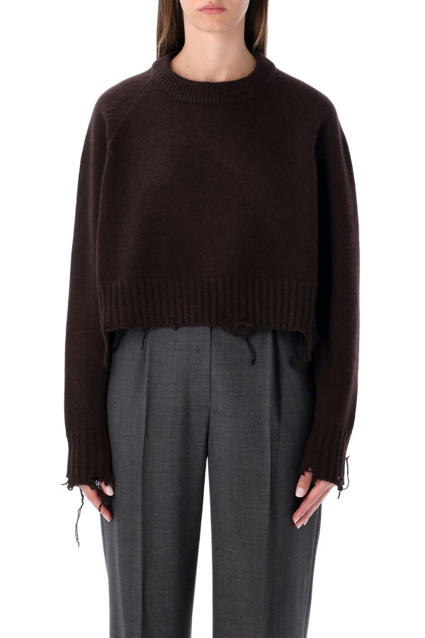 LOW CLASSIC Damaged Wool Blend Cropped Pullover Sweater - Brown