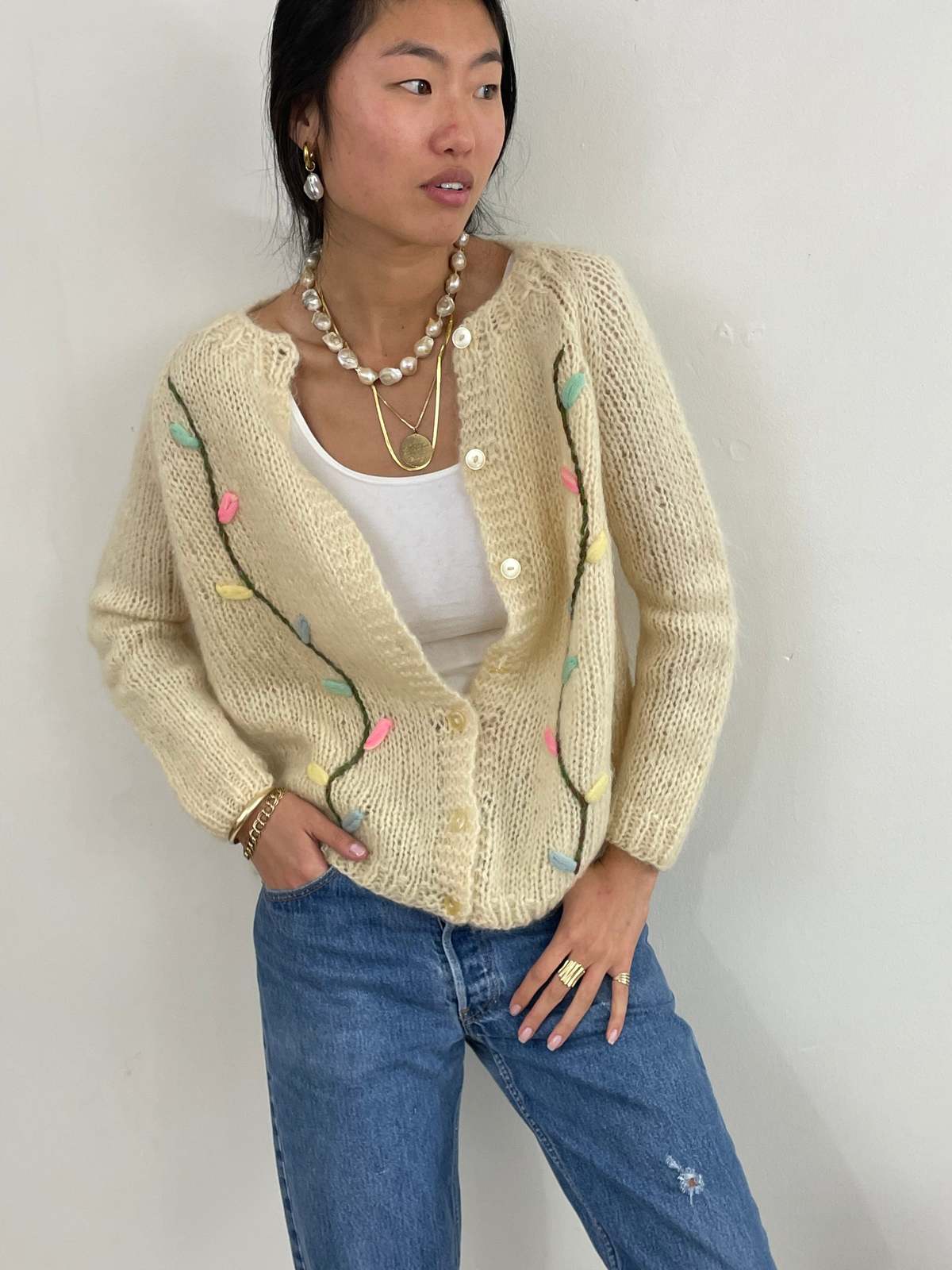 Vintage 60s Hand Knit Italian Fuzzy Wool Mohair Cardigan - Image 1 of 8