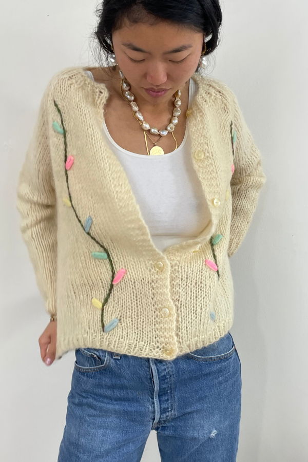 Vintage 60s Hand Knit Italian Fuzzy Wool Mohair Cardigan