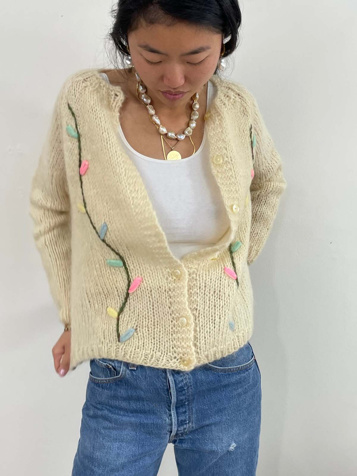 Vintage 60s Hand Knit Italian Fuzzy Wool Mohair Cardigan - Image 2 of 8