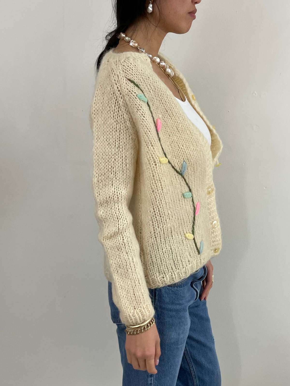 Vintage 60s Hand Knit Italian Fuzzy Wool Mohair Cardigan - Image 6 of 8