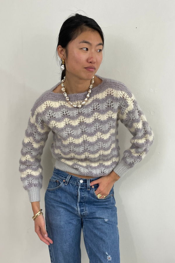 Vintage 70s Hand Knit Mohair Chevron Pointelle Open Knit Sweater