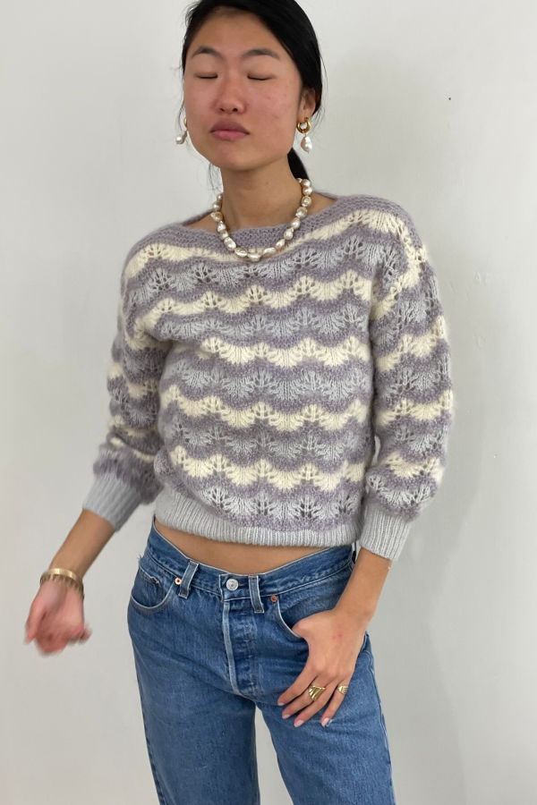 Vintage 70s Hand Knit Mohair Chevron Pointelle Open Knit Sweater