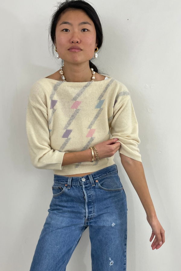 Beldoch Popper Vintage 70s Lambswool Intarsia Boatneck Cropped Sweater