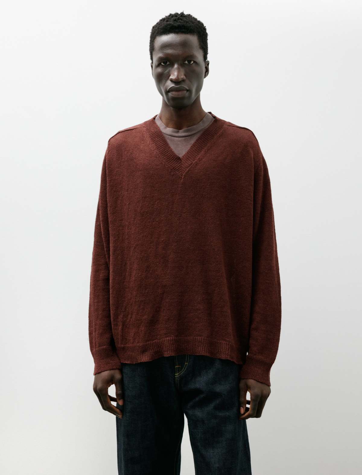 Our Legacy Rue V-Neck Cabernet Cyclone Linen Sweater - Image 1 of 7