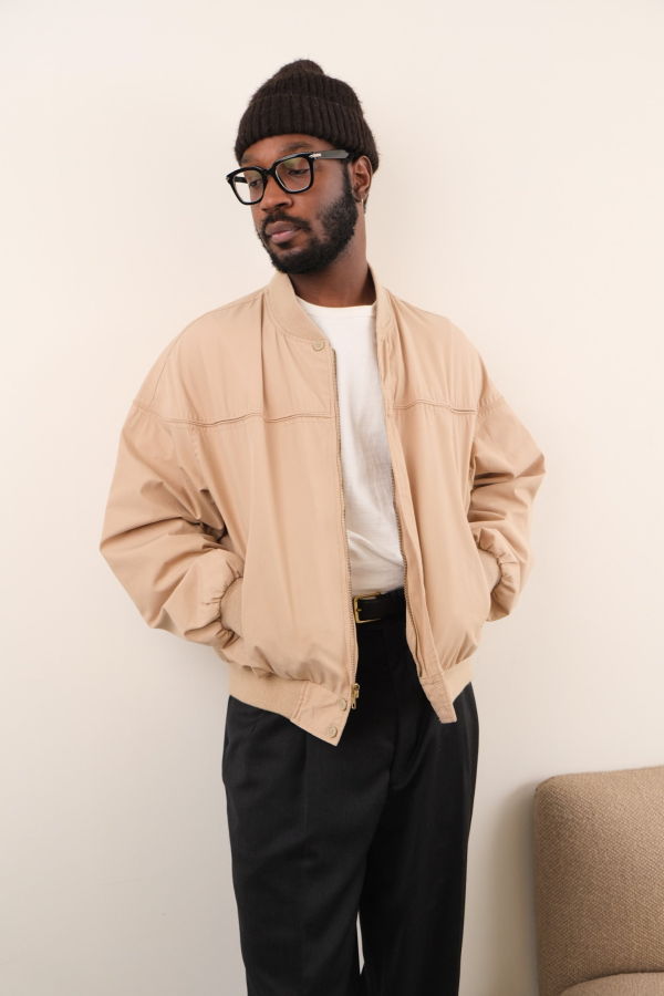 Hermine Vintage 80s Latte Cotton Blend Bomber Jacket - Beige