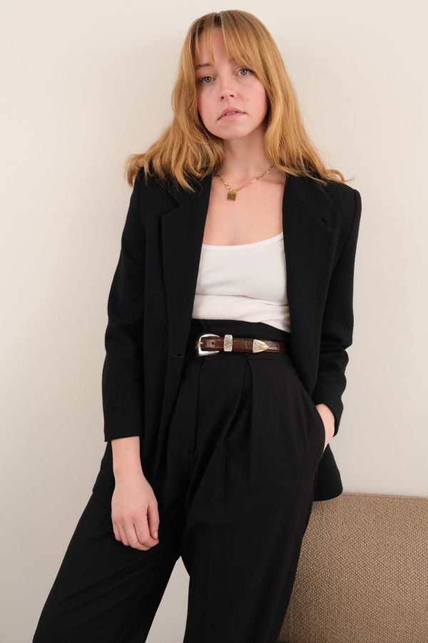 Hermine Vintage 90s Obsidian Wool Two Button Blazer - Black