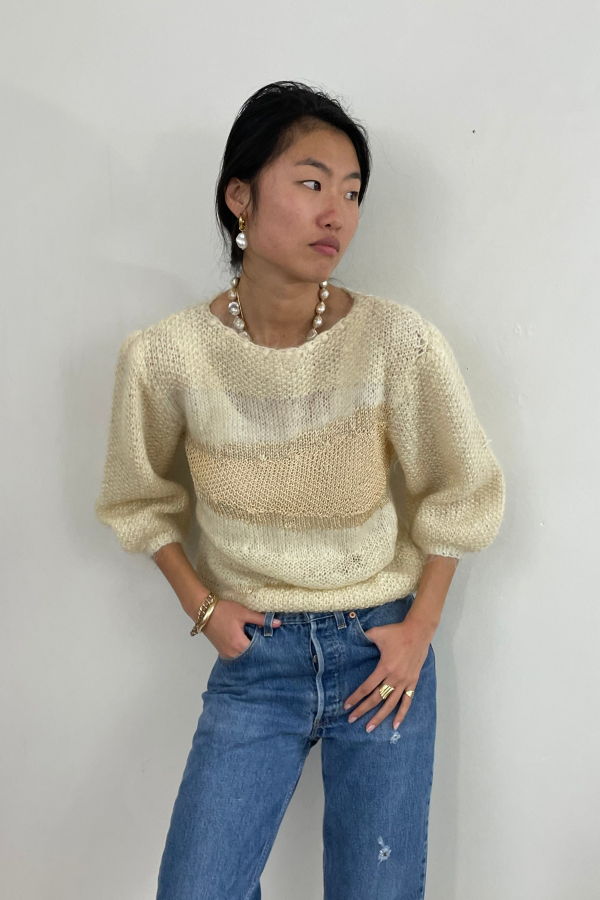 Vintage 90s Handknit Mohair + Silk Fuzzy Boatneck Sweater
