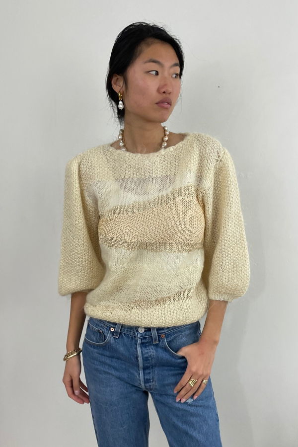 Vintage 90s Handknit Mohair + Silk Fuzzy Boatneck Sweater