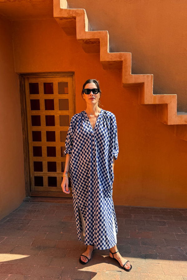 Two Checkered Long Caftan - Royal Blue/White Check