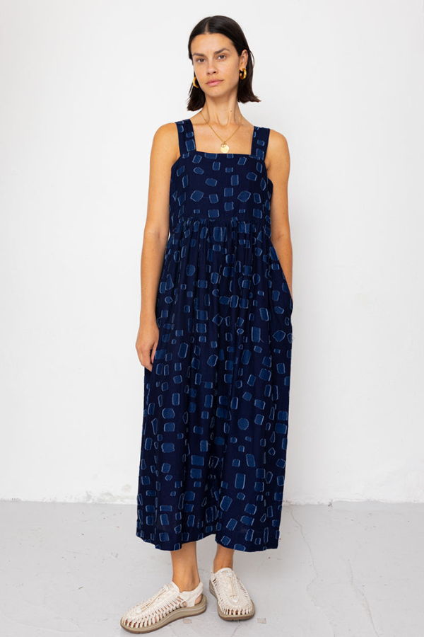 FOLK Midi Day Dress in Indigo Irregular Dot